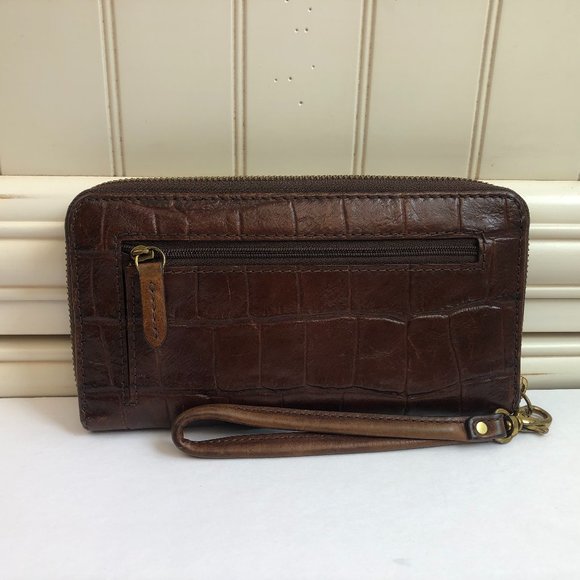 Fossil Brown Leather Croc Embossed Amanda Zip Around Wallet / Wristlet Timeless - Picture 3 of 17